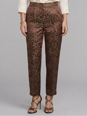 Brown Chinese Satin Brocade High Rise Tapered Crop Pants - S/M